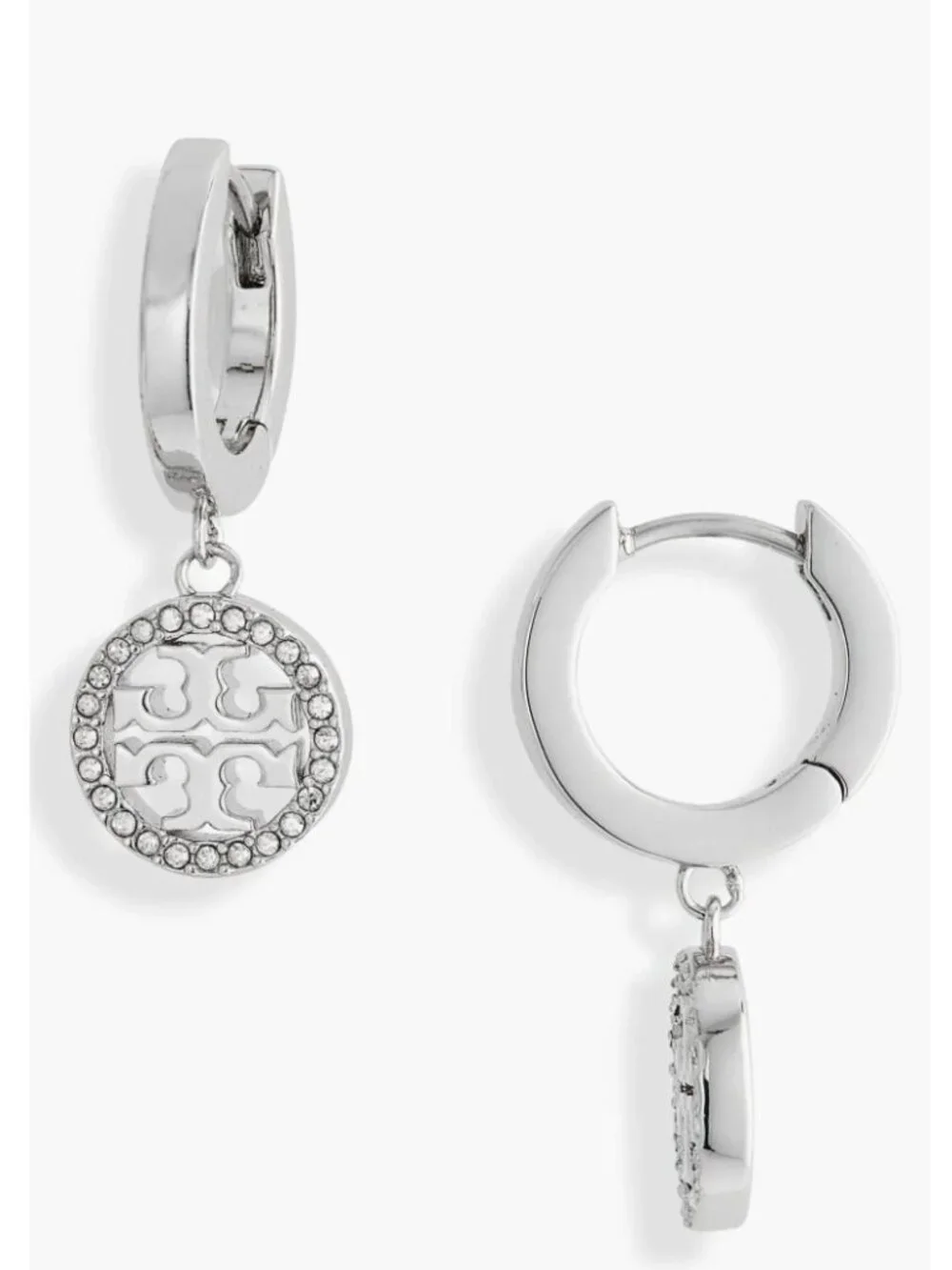 Tory Burch Silver Mille Pave Hoop/Huggie Earrings